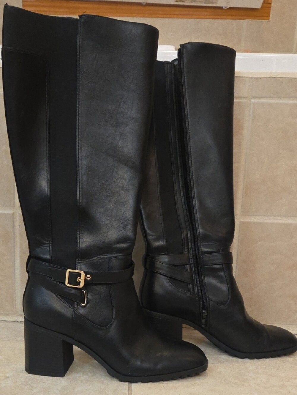 Kelly & Katie Black Tall Riding Boots with Gold Buckle WW Size